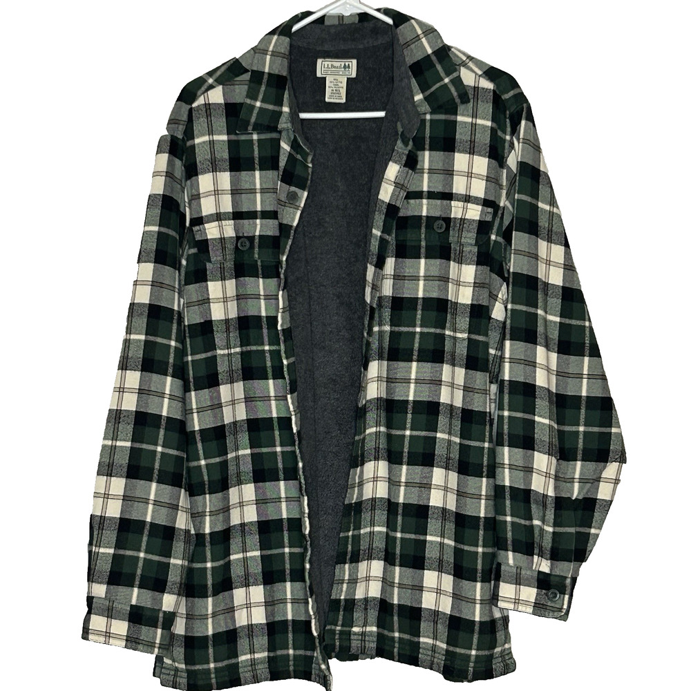 LL Bean Fleece Lined Flannel Shirt Jacket Men's M Plaid Cotton Shacket Workwear